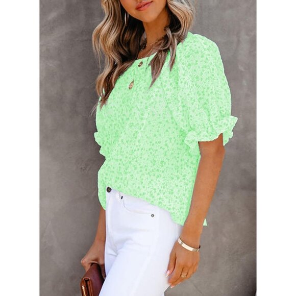 Women Green Print Blouse Crewneck Smocked Puff Sleeve Shirts Casual Babydoll Top - Picture 3 of 6